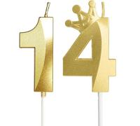 Yiran Gold 14th Birthday Candles with Crown Decor, 3D Number 14 Candle, 14th Birthday Cake Candles, Gold Cake Topper Decorations for Boys Girls Kids Birthday Party Supply