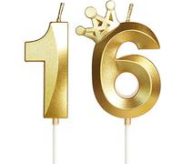 Yiran Gold 16th Birthday Candles with Crown Decor, 3D Number 16 Candle, Candle for Cake, Happy Cake Topper Party Supply, 5 centimeters, (LZ-HG-JS16)