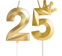 Yiran Gold 25th Birthday Candles with Crown Decor, 3D Number 25 Candle, 25th Birthday Cake Candles, Gold Cake Topper Decorations for Women Men Adults Birthday Party Supply
