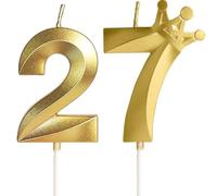 Yiran Gold 27th Birthday Candles with Crown Decor, 3D Number 27 Candle, 27th Birthday Cake Candles, Gold Cake Topper Decorations for Women Men Adults Birthday Party Supply