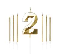 Yiran Gold 2nd Birthday Candles Set - Number 2 & Long Candles, Cake Topper Decorations for Birthday Party & Wedding Anniversary