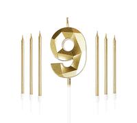 Yiran Gold 9th Birthday Candles Set - Number 9 & Long Candles, Birthday Cake Toppers for Party & Wedding