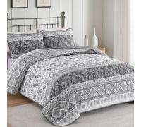 Yiran Grey Floral Quilt Set Queen,Boho Striped Patchwork Bedspread Coverlet Set,Lightweight Microfiber Paisley Bedding Set Queen 96"×90"