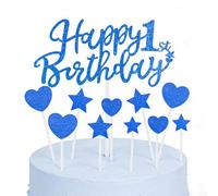 Yiran Happy 1st Birthday Cake Toppers Royal Blue for Boys Girls, Personalised Double Sided Glitter Cupcake Topper Kit for First Birthday Party Cake Décor Supplies