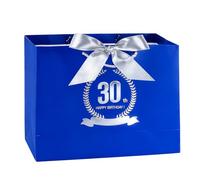 Yiran Happy 30th Birthday Gift Bag with Handles & Ribbon, Blue Birthday Wrapping Paper Gift Bags for Adults Mens Party Decorations Supplies