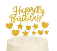 Yiran Happy 45th Birthday Cake Toppers Gold for Boys Girls Men Women, Personalised Double Sided Glitter Cupcake Topper Kit for Birthday Party Cake Decoration Supplies