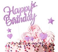 Yiran Personalised Happy Birthday Cake Toppers Decorations Pink for Girls Women Kids, Double Sided Glitter Cupcake Topper Kit Party Décoration Supplies