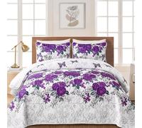 Yiran Purple Floral Bedspreads Queen Size Rose Flowers Quilt Bedding Set 3 Pieces Lightweight Microfiber Botanical Coverlet with 2 Pillow Shams for All Season 96x90 Inch