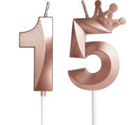Yiran Rose Gold 15th Birthday Candles with Crown Decor, 3D Number 15 Candle for Cake, Rose Gold Cake Topper Decorations for Boys Girls Kids Birthday Party Supply