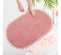YIRDDEO Oval Rug for Bathroom, Cute Boho Bath Mat with Pom, Dusty Pink | Soft Plush, Absorbent, Quick Dry, Machine Washable, Non Slip Bath Mat for Bathroom Shower Floor Home Decor