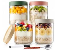 Yirilan 4 Pack Overnight Oats Jar with Lids,500ml/16oz Glass Overnight Oats Container with Spoon and Erasable Pen for Make-Ahead Breakfast Yogurt Fruit Milk Cereal Salad