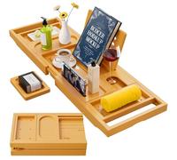 Yirilan Bamboo Foldable Bathtub Tray, Bathtub Tray, Retractable and Adjustable, Multifunctional Bathtub Board with Bookends, Soap Holder, Towel Holder and Wine Glass Holder, Bamboo