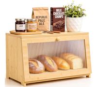 Yirilan Bread Bin, Wooden Bread Bin for Kitchen Counter, Front Opening Large Capacity Bread Box with Window for Bread, Salt and Pepper Mill Keep Fresh (38 × 21 × 23CM,Natural)