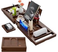 Yirilan Premium Bathtub Tray Caddy, Expandable Bath Tray, Foldable Premium Bath Caddy, New Home, Anniversary and Wedding Gifts for Couple, Bridal Shower Gift for Women - Fits Most Bath Sizes（Brown）