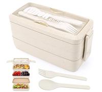 Yirochan 3 Layer Lunch Box Bento Box for Adults, 4-in-1 Meal Prep Container with Fork & Spoon, 1000ml Food Storage Box for Men Women Student School Office, Microwave Dishwasher Safe Available (Beige)