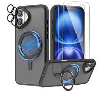 YIRSUR 360° Spin Magnetic Stand for iPhone 16 Case with 2 Screen Protector with 2 Camera Protector, Compatible with MagSafe Military Shockproof Translucent iPhone 16 Phone Case Kickstand- Black