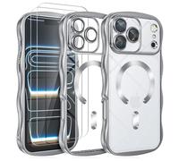 YIRSUR for iPhone 17 Pro Max Case 6.9" with 2X Screen Protector [Compatible with MagSafe] [Full Lens Protection with Built-in Camera Film] [Cute Wave Frame] Plating Thin Slim Cover Clear Silver