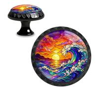 Yiruhe 4 Pack Stained Ocean Wave Sunset Cabinet Knobs Pulls, Crystal Glass Round Drawer Dresser Knob for Home Dresser Kitchen Wardrobe Cupboard Door Handles