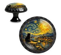 Yiruhe 4 Pack Starry Night Black Cat Cabinet Knobs, Round Acrylic Drawer Pulls, Vintage Art Style Decorative Knobs for Dresser Kitchen Wardrobe Cupboard Door Handles
