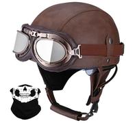 Yirunfa Leather Half Helmet German Style Retro Motorcycle Helmet Approved ECE 2206 Men Women Vintage Open Face Helmet with Goggles Half Shell Cap Moped Helmet for Chopper Cruiser Scooter