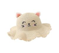 Yisawroy Kids Cat-Ear & Smiley-Face Summer Straw Sun Hat, White/Beige, One Size (50-52cm), Unisex, Kids, Outdoor, Casual, Playful, Sun Protection, Low