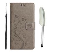Yiscase Phone Case fit for iPhone 16 Pro, PU Leather Flip Embossed Butterfly Case Shockproof Slim Protective Bumper Wallet Case with Kickstand Card Holder Lanyard & One Touch Pen - Gray