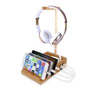 Yisen Handy Universal Wooden Game Earphone Headphone Stand Hanger(Removeble) with Cable Holder Multi Device Smartphone 3-Port USB Charging stations(with power switch and 1.5M UK plug power cord)