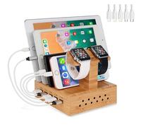 Yisen Handy Wood Bamboo Multi Device Smartphone Charging Station 5-Port USB Charging Dock DIY Assemble Organizer Holder for iPhone/iPad/Apple iWatch/Cellphone/Tablets/E-reader/Power Bank