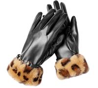 YISENJEE Womens Leather Gloves Women'S Winter Pu Leather Leopard Print With Fur Edge And Metal Horseshoe Buckle, Fleece Lined For Warmth While Driving - Camel Leopard Print