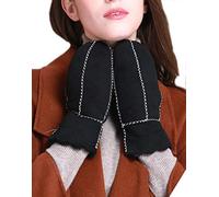 YISEVEN Women’s Winter Sheepskin Leather Shearling Mittens Soft Thick Furry Lambskin Fur Lined Warm Flip Cuffs for Cold Weather Dress Driving Work Gifts, Black Suede Medium