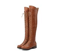 Yishaweiqi Over The Knee High Boots Lace-up Flat Long Boot PU Leather Riding boot, Brown, 4 UK
