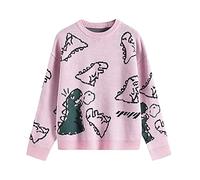 Yishengp Women´s Knit Sweater Kawaii Dinosaur Printed Sweater Round Neck Loose Long Sleeve Pullover Cute Y2K Sweatshirts (Pink, Medium)