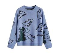Yishengp Women´s Knit Sweater Kawaii Dinosaur Printed Sweater Round Neck Loose Long Sleeve Pullover Cute Y2K Sweatshirts (Blue, Medium)