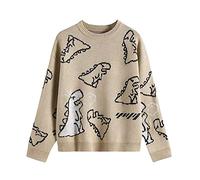 Yishengp Women´s Knit Sweater Kawaii Dinosaur Printed Sweater Round Neck Loose Long Sleeve Pullover Cute Y2K Sweatshirts (Khaki, Small)