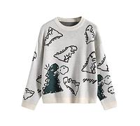 Yishengp Women´s Knit Sweater Kawaii Dinosaur Printed Sweater Round Neck Loose Long Sleeve Pullover Cute Y2K Sweatshirts (White, Small)
