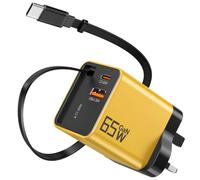 YISHIFD USB C Charger 65W GaN 3-Port Fast Charging Plug Built-in Retractable Cable (0.7m), Compatible with iPhone 17 Pro/Air/16/15, iPad, Galaxy S25/S24, Steam Deck, etc (Yellow)