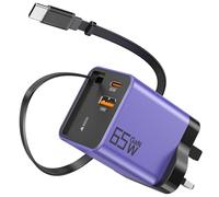 YISHIFD USB C Charger 65W GaN 3-Port Fast Charging Plug Built-in Retractable Cable (0.7m), Compatible with MacBook Pro/Air, iPhone 17 Pro/Air/16/15, iPad, Galaxy S25/S24, Steam Deck, etc