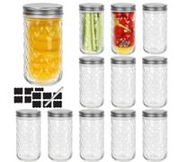 Yishik 12 Pack 12 oz Wide Mouth Crystal Mason Jars with Silver Lids, 350ml Glass Canning Jar Jelly Jars for Honey, Jam, Preserving, Pickling, Food Storage,Drinks & Wedding Favors