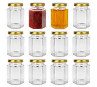 Yishik 12 Pack 4oz Hexagon Glass Jars with Gold Lids, 120 ml Glass Canning Jars for Jam, Spice, Candy, Jelly, Food Storage, Wedding Favors & Jars Crafts