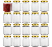 Yishik 20 Pack 6 oz Hexagonal Glass Jars with Gold Lids, 180ml Glass Canning & Jam Jars for Honey, Spices, Food Storage, Nuts, Fruit & Handmade Desserts