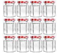 Yishik 4oz Jam Jars with Red Gingham Lids,12 Pack Hexagon Jars Glass Canning Jars for Sauce,Small Glass Jars for Jam,Spice,Honey,Baby Foods,Party Favors or Art Crafts
