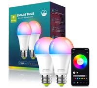 Yisica 2 Pack Wi-Fi Light Bulb, E27 800LM (60W Equivalent) RGBCW Wi-Fi & Bluetooth Smart LED Bulbs, Preset, No Hub Required, Google Compatible, App Control & Scheduling