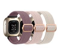 Yisica 3 Pack Elastic Solo Loop for Fitbi t Versa 4 Straps/Versa 3, Fitbi t Sense 2 /Sense Women/Men, Adjustable Stretchy Braided Sport Replacement Straps (Smoke Purple+Pink Sand+Starlight)