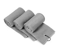 Yisica 3 Pack Microfiber Golf Towels (40x40cm) with Carabiner Clip, Convenient Golf Cleaning Towel, Waffle Pattern Tri-fold Set