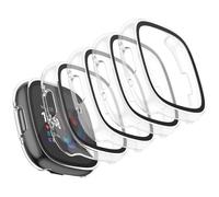 Yisica 4 Pack Hard PC Cases for Fitbi t Versa 4 Screen Protectors & Fitbi t Sense 2 Cases with Tempered Glass, Full Hard Scratch Resistant Bumper Protective Replacement Cover for Sense 2/Versa 4