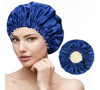 Yisica Large Satin Bonnet Silk Bonnet for Sleeping Women Men, Hair Cap Extra Large Double Layer Reversible Adjustable Night Sleep Cap Wrap for Curly Hair with Elastic Tie Band (Navy Blue)