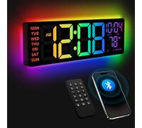 YISILE 16 Inch RGB LED Digital Wall Clock - 8 Color Display, 6 Night Light Modes, Bluetooth Auto Time Sync, Sound Wake-Up, Dual Alarm, Auto DST, Remote Dimmer for Bedroom, Living Room & Gaming Room