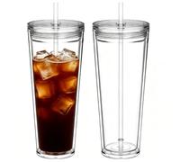 Yisituo 2 Pack 710ml Iced Coffee Cup, Plastic Tumbler with Straw and Lid, Reusable Double Wall Water and Cold Cups (2, Clear)