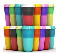 Yisituo 480ml Reusable Coffee Cups with Lids, Plastic Tumblers, 15 Pack Colour Changing Travel Mugs, for Home, Car, Beach, Camping, and Party (15, Coloured)