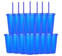 Yisituo 480ml Reusable Plastic Cups, 15 Pack of Kids Tumbler with Lid and Straw, for Cold Drinks, Iced Coffee, Travel and Smoothies (15, Blue)